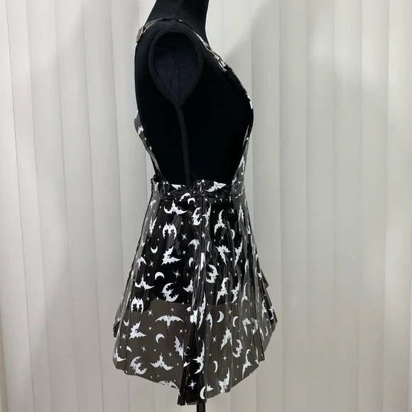 TRICKZ N TREATZ Bat My Lashes Print PVC Vinyl Mini Dress Bat Crescent Moon Black - Picture 4 of 14